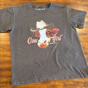 Ariat Charcoal Tee with Cow Girl Graphic and Pink Script